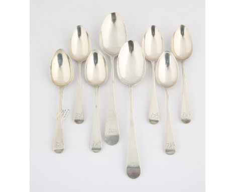 Six George III Old English pattern silver dessert spoons London 1808 and a pair of table spoons, 10.6 ozs 330 grams   SILVER 