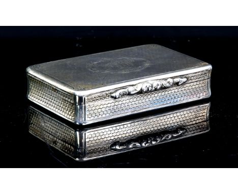 Victorian silver table snuff box with engine turned decoration and engraved scroll corners, by Nathaniel Mills, Birmingham, 1