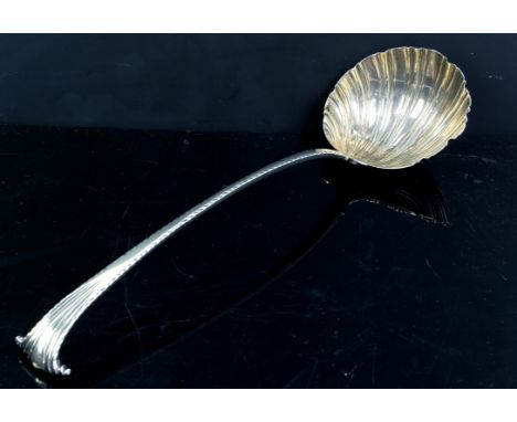 George II silver soup ladle with shell form bowl and scrolling bright cut handle, probably by Thomas Ellis, London, 1759, 5oz