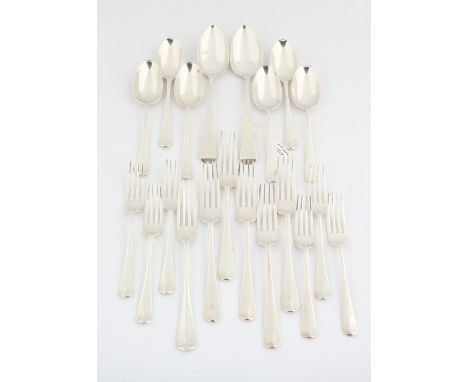 Composite Old English pattern silver flatware, comprising two table spoons, six large forks, six dessert spoons and six desse