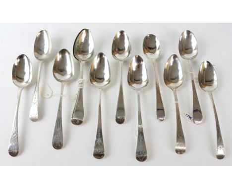 Twelve George  III bright cut decorated Old English Pattern silver table spoons, 21.3 ozs 662 grams   SILVER COLLECTION OF SI