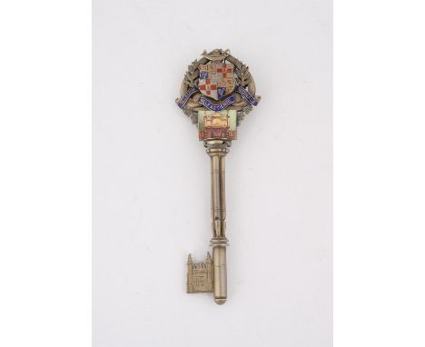 Silver and enamel presentation key on the occasion of the Inauguration of the Mitchell Organ, Belfast, by Vaughton & Sons, Bi
