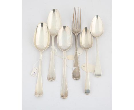 Five various silver spoons and a fork, mostly 18th century, 9.8 ozs.  307 grams    SILVER COLLECTION OF SIR RAY TINDLE CBE DL