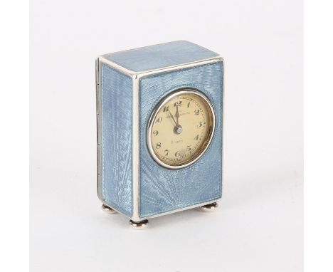 Miniature Swiss rectangular timepiece with guilloche blue enamel on silver, 935, Arabic numerals, outer minute track, blued s