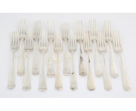 Fifteen various George III and later, Old English Pattern silver table forks, 31.8 ozs 990 grams    SILVER COLLECTION OF SIR 