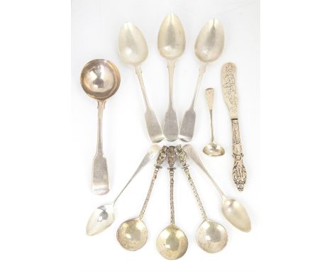 George III silver fiddle pattern sauce ladle, by Solomon Hougham, London, 1790, nine various spoons and a butter knife, weigh