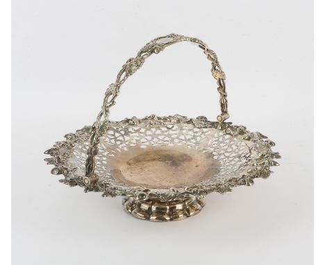 Victorian silver swing-handled cake basket, with pierced scrolling decoration and oak leaf and acorn border, on round foot, b