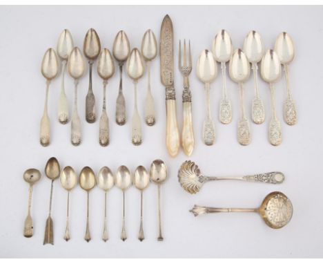 Set of six early Victorian fiddle pattern tea spoons with foliate engraving Exeter 1853, two sifter spoons, various small spo