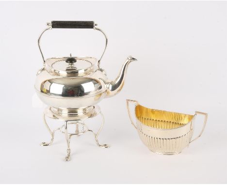 Silver tea kettle on stand (no burner), turned wood handle and knop, (one finial for handle lacking), gross weight 32oz, 996g