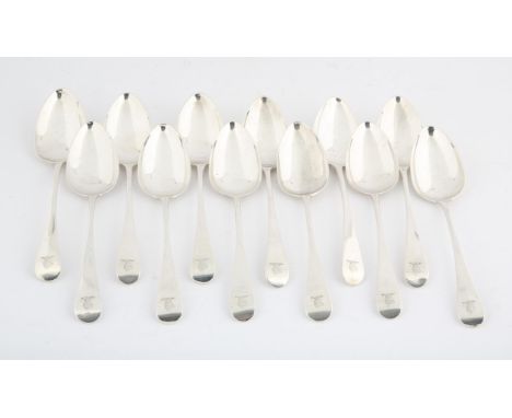 Twelve George III Old English Pattern silver table spoons, London 1802, 24.6 ozs 765 grams   SILVER COLLECTION OF SIR RAY TIN