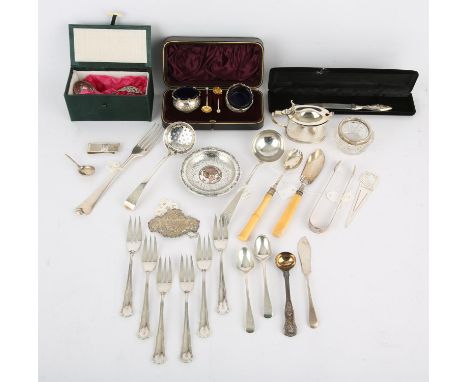 PLEASE NOTE THAT THE SPOON AND BUTTER KNIFE IN THIS LOT HAVE BEEN WITHDRAWN (IVORY HANDLED, CENTER RIGHT OF IMAGE). Small sil