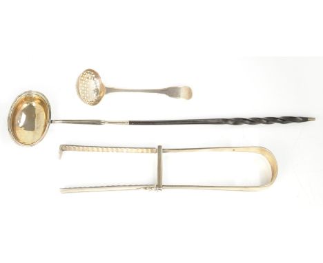 William IV silver asparagus tongs, by Solomon Hougham, London, 1830, sifter spoon and a whale bone handled punch ladle, weigh