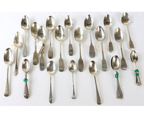 Large quantity of George III and later silver tea spoons,   approx twenty five, 12.9 ozs 404 grams     SILVER COLLECTION OF S