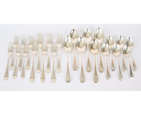 Composite Old English Pattern silver flatware, six table spoons, six table forks. six dessert spoons and six dessert forks, i