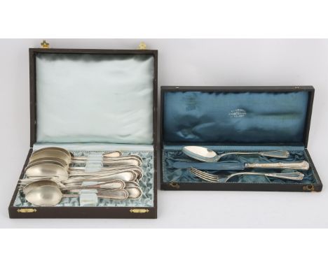 800 standard cased silver spoon and fork with a knife, and an 800 standard set of beaded cutlery comprising six large spoons,