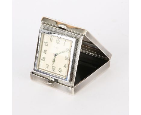 Silver and guilloche enamel cased folding bedside clock the dial signed W. Allen Ayr, Birmingham 1933Condition Report:  Overa