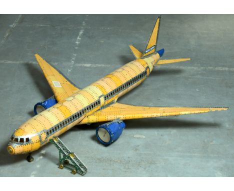 Meccano Large model of a Boeing 777 Jet Airliner. Constructed using Modelplans 126 instruction booklet, Yellow, Zinc & Blue p