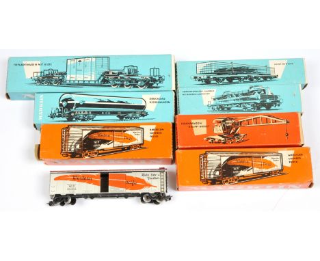 Marklin Assorted Early period boxed Wagons QTY 7: 4x German Wagons, 2x 4571 U.S. Boxcars, 1x Mobile Crane. Conditions Good, B