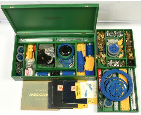 Meccano 1970's No.10 Set. Contained home made wooden cabinet + inner trays with Blue / Yellow / Zinc components, folder conta
