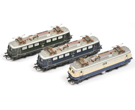 Group of unboxed HO Fleischmann Overhead Electric Locos comprising Bo-Bo, DB E10-250 in two-tone Cream Blue, DBE10-134 in Blu
