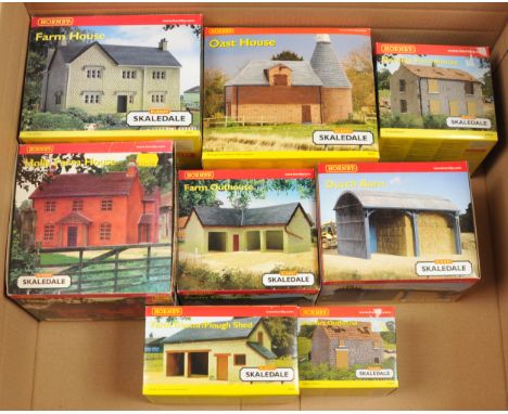 Hornby (China) OO Skaledale Farm Related Buildings. To include R8782 Farm House, R8784 Dutch Barn, R8785 Farm Tractor / Ploug