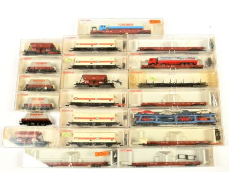 20 Assorted Fleischmann HO wagons: 9x assorted Vehicle transport wagons, 5x DB Container wagons, 3x Hopper wagons, 4x Track C