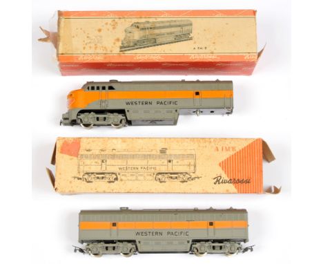 Rivarossi HO American outline diesel locomotive A FM/R and A FM/B units, both metal bodied Western Pacific's in grey and oran