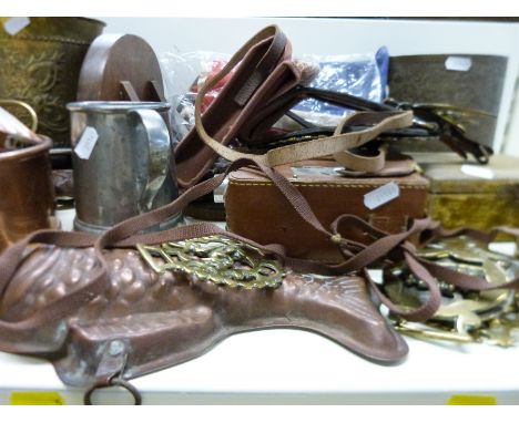 A quantity of collectables including folding cameras, vintage Union Jack, copper and other metalware 