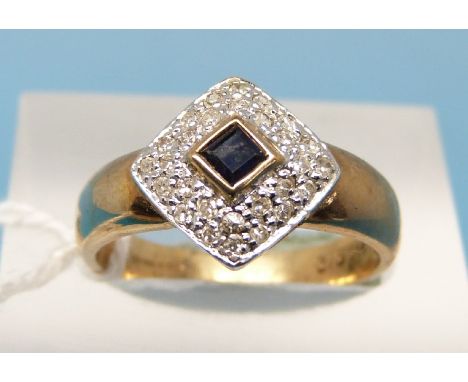 A 9ct gold ring set with a square sapphire surrounded by diamonds (size L)