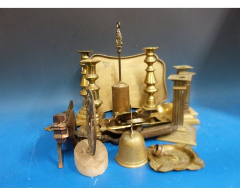 A quantity of brassware to include candlesticks, nut cracker etc