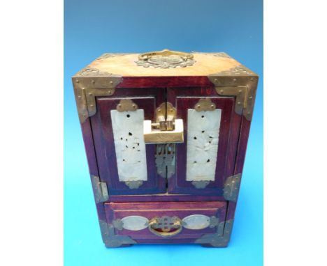 A Chinese jewellery cabinet with jade plaques inset, 24cm tall