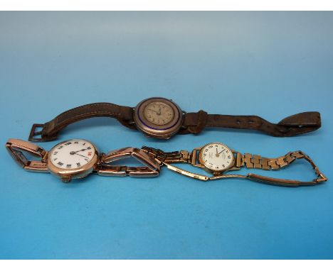 A 9ct gold watch with enamel face, a 9ct gold Rotary ladies' wristwatch and a silver and enamel watch