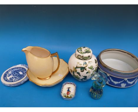 A Wedgwood Jasperware bowl, a pair of Spode "Italian Garden" plates. a pair of Spode "Tower" plates, a Herriot Quimper pin di