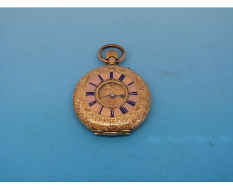 A continental ladies' yellow metal fob watch marked 18k with all over etched decoration, pink enamel chapter ring and blue Ro