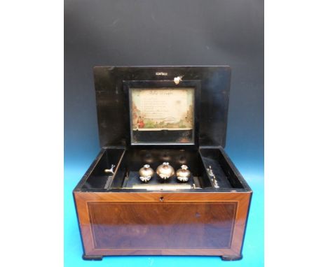 A late 1880-1890 cylinder music box playing eight airs on comb and three tuned bells with butterfly stickers, stop / start co