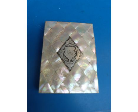 A mother of pearl card case with engraved diamond shaped panel to front together with a small tortoise shell snuffbox