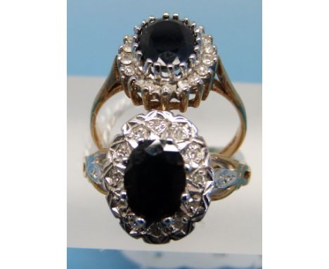 Two 9ct gold rings both set with a central sapphire surrounded by diamonds (size L/K)