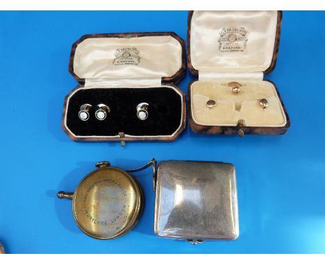 9ct gold studs, mother of pearl studs, a brass vintage tape measure by Taylor-Rolph Co. London and a stamp box