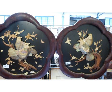 A pair of Japanese Shibayama panels with figures of doves in relief upon a branch in ivory, mother in pearl and wood 