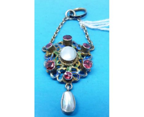 An Austro Hungarian white metal pendant set with a central pearl surrounded by six pink stones, enamel detail and a further d