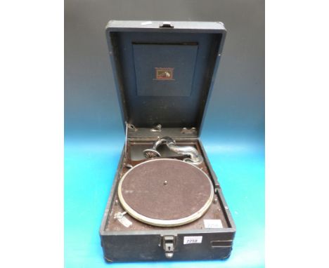 A vintage His Master's Voice portable wind up gramophone