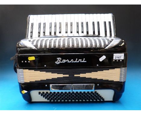 A C1980 Borsini 96 bass piano accordion with five treble couplers and two bass couplers in black finish by repute used by a f