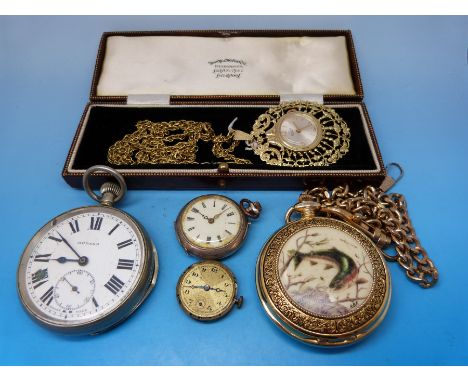 A keyless Medana gentleman's pocket watch together with a Franklin Mint hunter pocket watch and three vintage ladies' watches