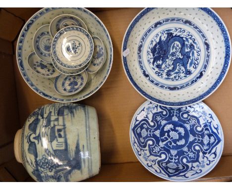 Various Chinese blue and white rice wares, a 19thC plate and a ginger jar