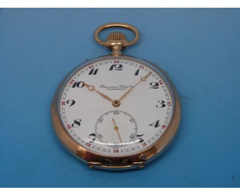An IWC gentleman's pocket watch, c1910, the case marked 14kt with keyless movement and Arabic numerals on enamelled dial