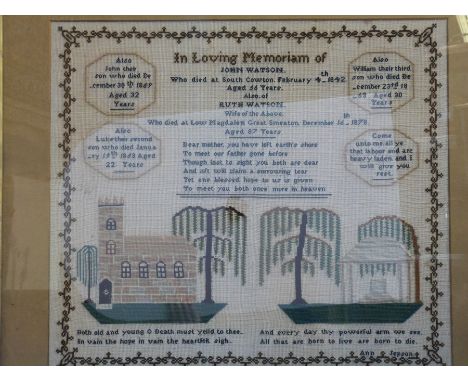 A Victorian tapestry sampler in memorial of members of the Watson family by Ann Jepson, with church and trees, South Cowton, 