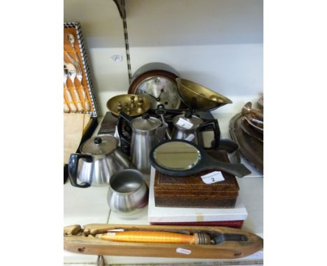 A quantity of collectables to include mantel clock, scales, stainless steel, loom shuttle etc 