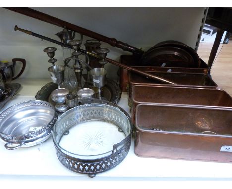 A collection of plated ware, glass claret jug, reproduction miner's lamp, warming pan, hunting horn etc