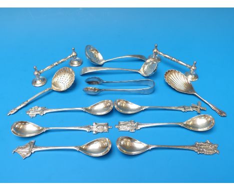 Three hallmarked silver sifter spoons including a Georgian example, a hallmarked silver caddy spoon, plated spoons etc 