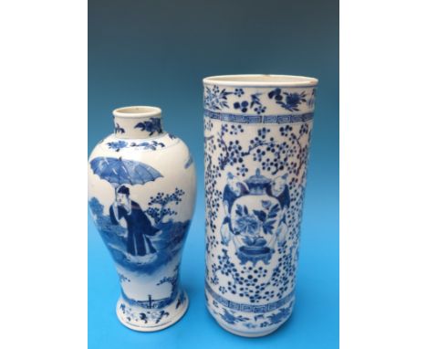 Two 19thC Chinese blue and white vases, one of cylindrical form the other of baluster form, both with Kangxi four character m